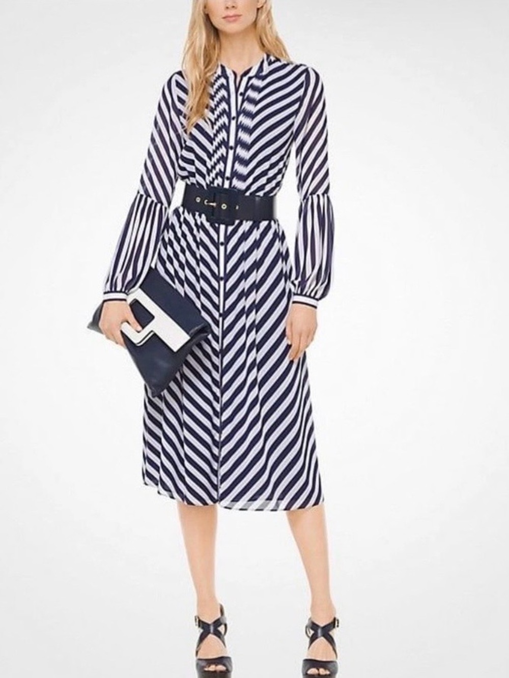 Michael Kors Navy and White Striped Long-Sleeve Button Dress, Size L
